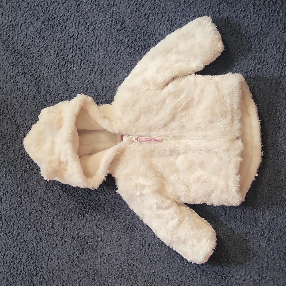 Baby girl 12M cream Weatherproof jacket coat teddy bear winter off white toddler